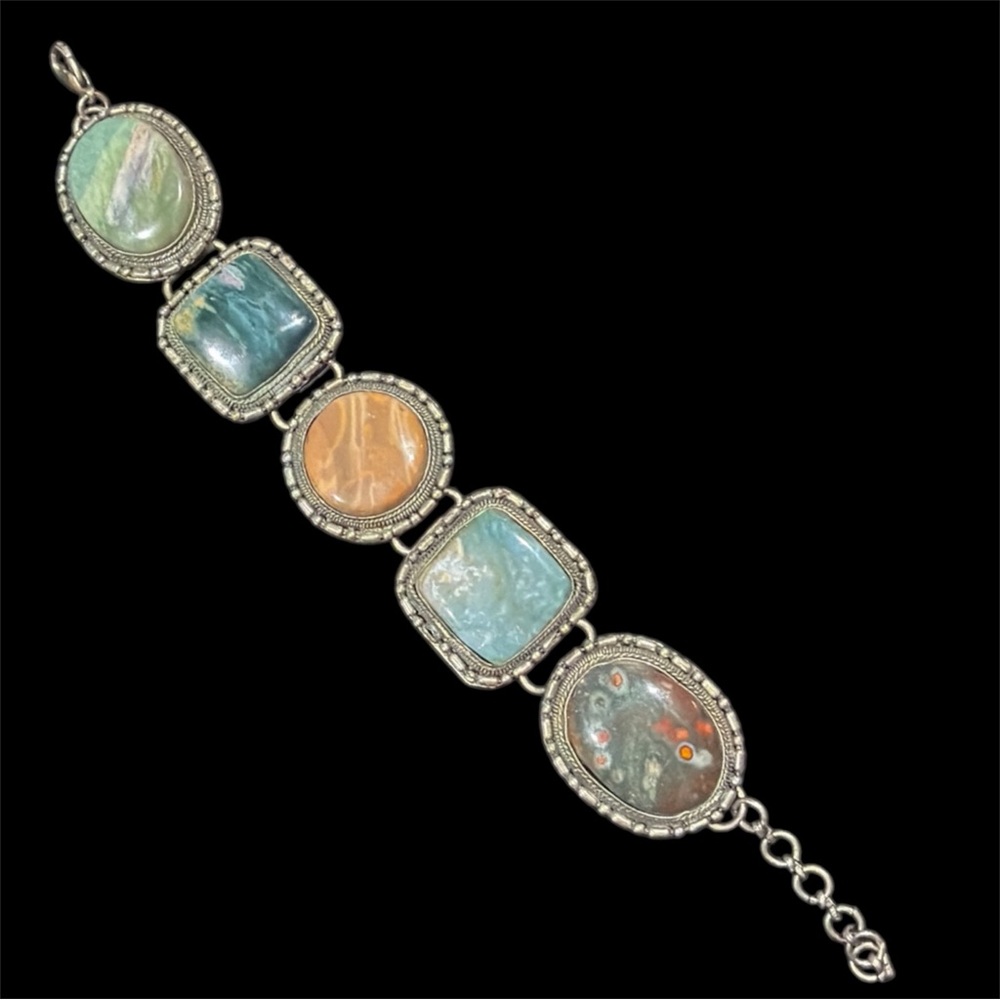 Vintage Multi-Stone Statement Bezeled Silver-tone Link Bracelet Size Large
